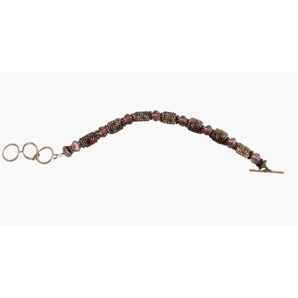 Handcrafted Silver Tone Pink Beaded Bracelet Swirl Design Toggle Clasp 7 inch - Picture 4 of 7